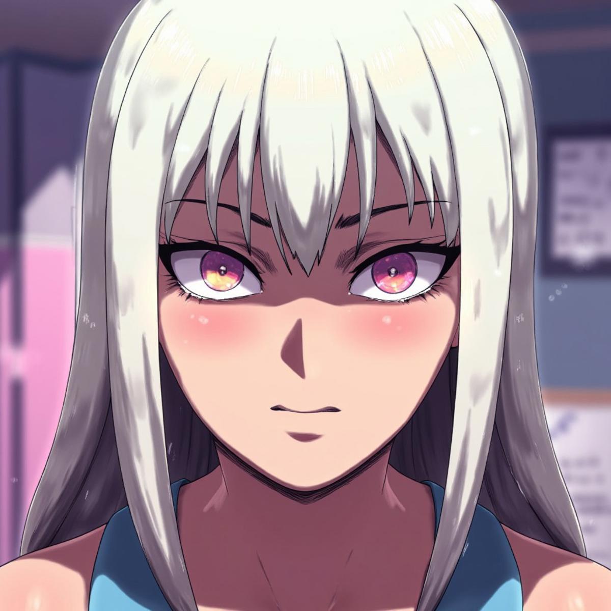 anime style picture, skinny and pretty  woman with white hair and "depicting an extreme close up face of a dainty young mischievous female stoner prep highschool school student with medium length silky straight iridescent black hair and lightly suntanned skin,