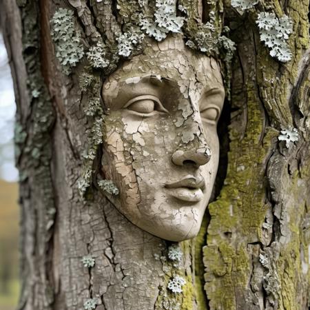 cinematic photo barnum-sepia  texture cracked dry treebark with lichen classical roman sculpture of face of venus, on pedestal, treebark (cracked wood style room interior:1.2) design  <lora:treebark-SDXL-s-exp:0.9> . 35mm photograph, film, bokeh, professional, 4k, highly detailed