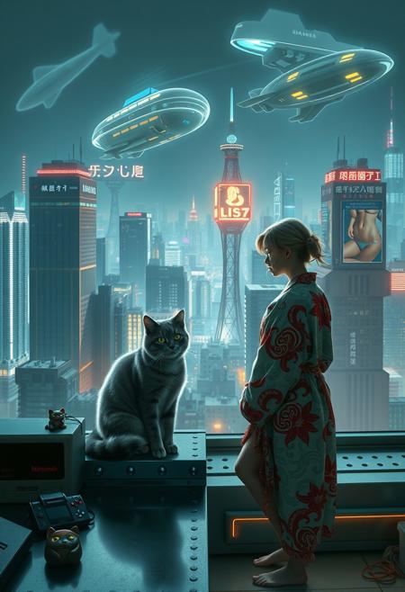 Grey tabby cat with green blue eyes sits on a cluttered metal riveted desk next to a maneki neko statue and a small Nintendo , the cat is looking out to a floor to ceiling window that looks out over a futuristic cyberpunk New York skyline with skyscrapers, holographic advertisements, futuristic airships covered with lights and advertisements in Japanese, a space elevator, (((a tall thin beautiful young woman, 22 years old, is standing next to the cat looking out at the city through the window))), The woman is dressed in an ornate Japanese style bath robe, exposing her lower legs.  The woman's hair is messy from just waking up and tied up with a ribbon. Artistic cyberpunk, dynamic perspective, a translucent neon projection of a strip club bar advertisement displaying a partially dressed woman is visible on a nearby building, neon and led lighting in the apartment, military futuristic space ship visible in the distance,