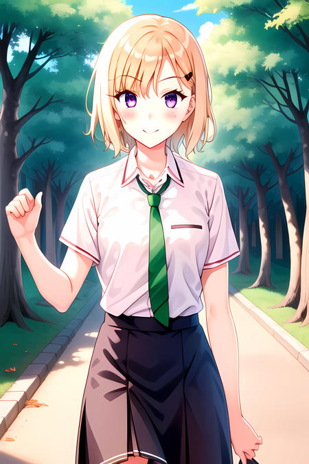 Saki, 1girl, blonde hair, short hair, hair pin, white shirt, green tie, black skirt, walking around park, smiling, embarrassed, blushed, hands at the back, trees, purple eyes, (school clothes),  (masterpiece, the best picture, detail picture), slender body, (fat:0.1)