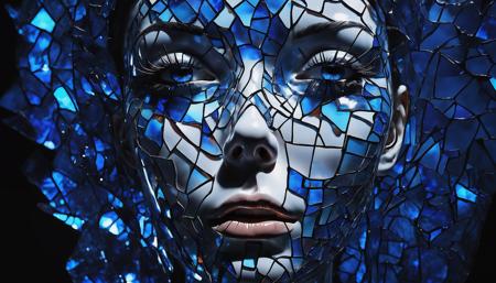 An abstract representation of a woman's face, her skin is made of Made_of_pieces_broken_glass, transparent, glowing dark blue from the inside, breaking through a wall of glass, background is darkness, (dimly lit:1.2), focusing on her vivid eyes