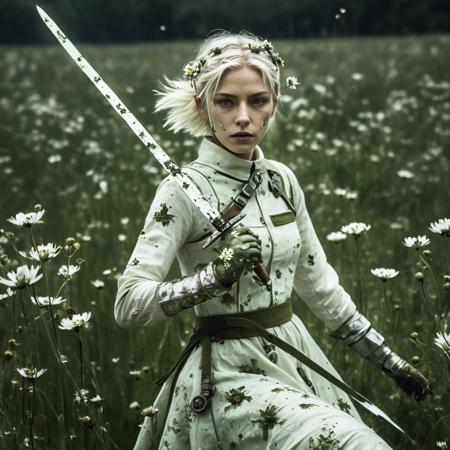 Super Closeup Portrait, action shot, Profoundly dark whitish meadow, glass flowers, Stains, space grunge style, Jeanne d'Arc wearing White Olive green used styled Cotton frock, Wielding thin silver sword, Sci-fi vibe, dirty, noisy, Vintage monk style, very detailed, hd