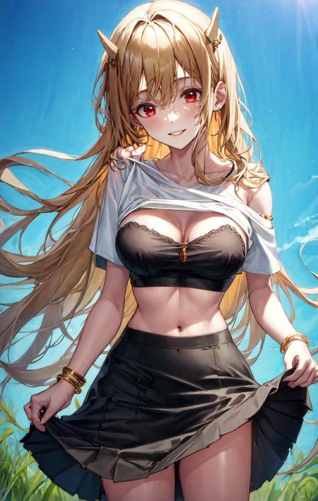 1girl, armlet, bangle, bangs, bare_shoulders, black_skirt, blonde_hair, bracelet, breasts, cleavage, clothes_lift, cowboy_shot, crop_top, floating_hair, hair_between_eyes, horns, jewelry, lifted_by_self, long_hair, long_skirt, looking_at_viewer, medium_breasts, midriff, navel, necklace, puffy_short_sleeves, red_eyes, shirt, short_sleeves, sidelocks, skirt, skirt_hold, skirt_lift, smile, solo, standing, stomach, sunlight, thighs, white_shirt <lora:style_Aibek:1>