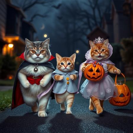 Ultra realistic. white grey brown happy cat with a vampire costume, a small hamster with hero costume,  a orange cat on a princess costume carring a carved pumpkin with candies,  walking on a suburban street, trick or treating houses, midnight light, shadows of real monsters behind them