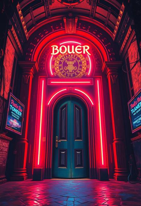 A nightclub door, focus on the door, view from below, in the style of an oil painting, scifi, cosmic, astral, ziggurat , neon spotlights, neon signs