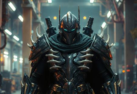 "Create a highly detailed, lifelike depiction of a Gaia Knight, the Force of Earth, at a machine conversion factory in 2019. The knight is wearing decepticon armor plating and a dark green cloak, with a symmetrical sticker design. The setting is lit with cinematic lighting and features a jetpack made of ancient beast bones. Aim for a professional, unique masterpiece with a brilliant symmetry, rendered in Octane or Unreal Engine, with HD textures and subsurface scattering. The final piece should evoke a dreamwave, cursed image aesthetic with a synthwave neon color palette and a touch of the psychedelic."