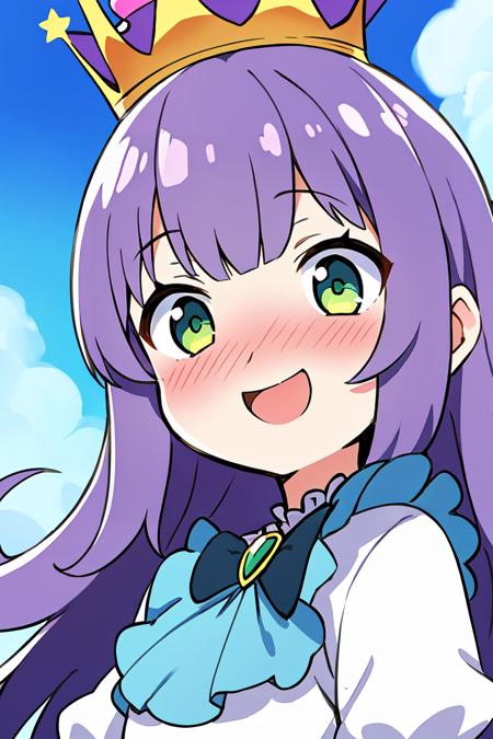 masterpiece, best quality, solo, petite,
long hair, wavy hair, purple hair, green eyes, dress, open mouth, nose blush, surprised, smile, frills, crown,
portrait, blue sky, cloud,