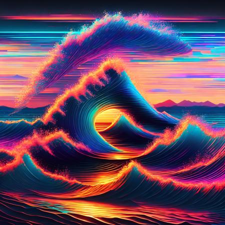 (glitchwave style:1) an image of a wave in the ocean at sunset <lora:djzGlitchWaveV21_LoraBooth:1>