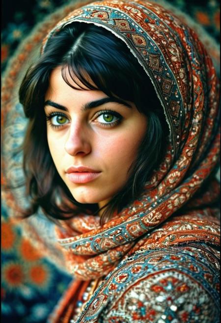 ,Persian girl,photography in the style of detailed hyperrealism ,candid 35mm shot , motion blur, abstract symmetrical representation,fine art photography shot,cinematic expired slide film,fantasy,Ashley Wood,Kozue Amano,hyper detailed,studio trigger style, intricate,AES+F, poster,artstation