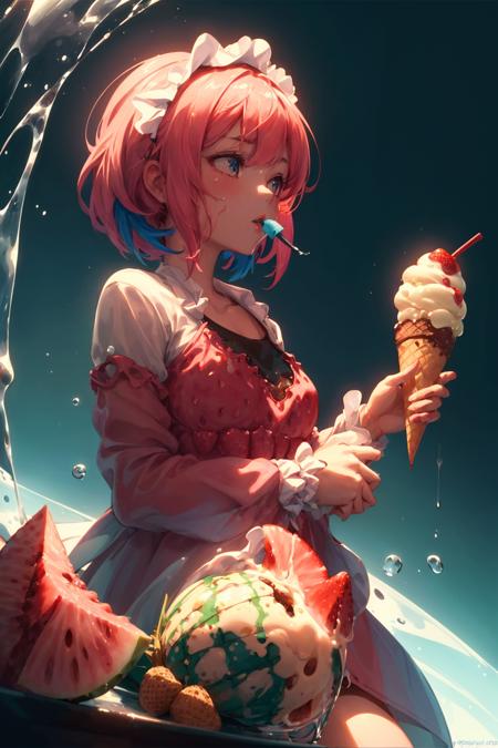 1girl,solo,(Romantic:1.3) (((masterpiece))),(((best quality))),finely detail,Depth of field,
raytracing,detailed face,creative glass water bong, cinematic lighting, dmt art style, dramatic environment,
fruit,food focus,english text,((ice cream)),strawberry,((Juice Splash)),(colorful),Gradient background,dynamic angle,((ink splashing)),Pineapple,Strawberry,Watermelon,Blue background,(spill a lot of ice cream from the cup),