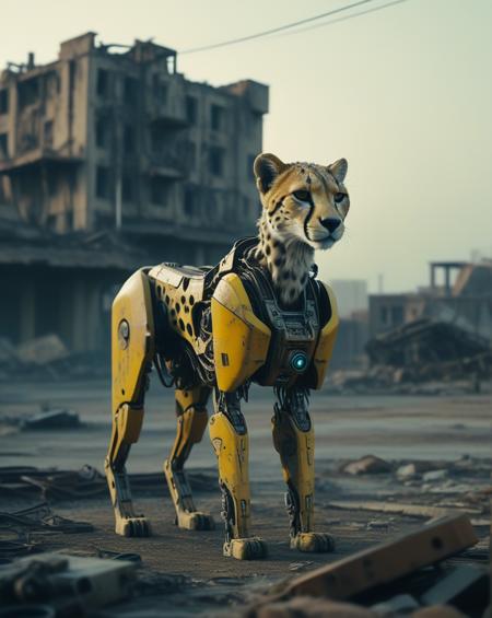A cybernetic Cheetah stands amidst ruins, with one side resembling a mechanical robot and the other side retaining its natural fur. The background is a desolate wasteland with crumbling buildings, rusted machinery, and a toxic yellow sky. Incorporate subtle details like glowing blue circuits, exposed wires, and worn leather straps to convey a sense of decay and technological overreach