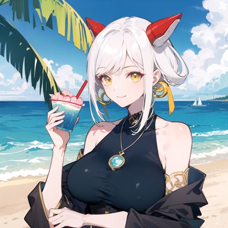 1girl, solo, smile, large breasts, bare shoulders, jewelry, white hair, yellow eyes, clothing cutout, necklace, (animal ears|red horn:0.9), <lora:Qi:1>, beach,ocean,cup, drinking straw