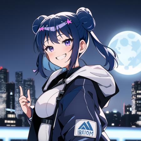 1girl, lillaslf1, blue hair, purple eyes, double bun, white leotard, black straps, oversized blue jacket, grin, outdoors, city, night sky, blue ambient lighting, cyberpunk, moon, <lora:lillav3:1>