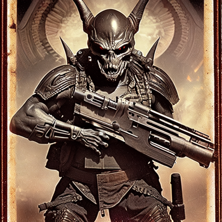 1 photo, demonic looking demon holding a machine gun in one hand (martianwarlord:1)