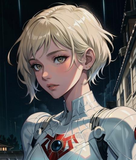 18 yo girl, white spider man suit, short blunt hair, blonde, beautiful face, rain, roof, masterpiece, intricate detail, perfect anatomy