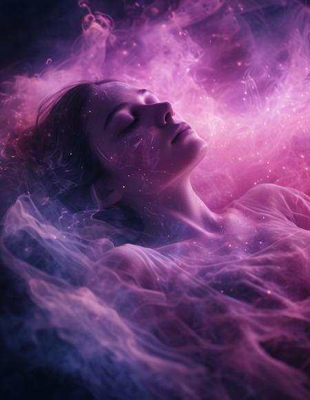 Mid-range shot, a female figure seemingly asleep, her face illuminated by an eerie, glowing aura, soft facial features with delicate ink-like strokes, energy-like liquid flowing from her body in supernatural waves, an otherworldly atmosphere, surrounded by floating light particles and abstract pink smoke, realistic, high resolution