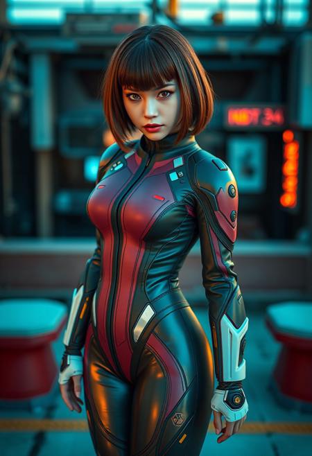 Subject:[adult female, dressed in a hi-tech jump suit, beautiful body proportions, beautiful legs, her eyes have an intense look on them, she has short brown hair with bangs] Medium:[real photography,  in the style of Masamune Shirow] Environment:[dystopian, future, cyberpunk] Time:[golden hour] Color:[vibrant] Mood:[Bright and vibrant] Composition:[full body shot in a wide-angle] Camera:[Full shot, Canon EF 16-35mm f/2.8L III USM lens on a Canon EOS 5D Mark IV camera] [bokeh, shallow depth of field, ultra realistic]