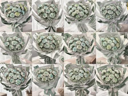 bouquet,green dianthus carnation,white gypsophila paniculata,white packing, eucalyptus robusta,<lora:BouquetLatin_V13:1>