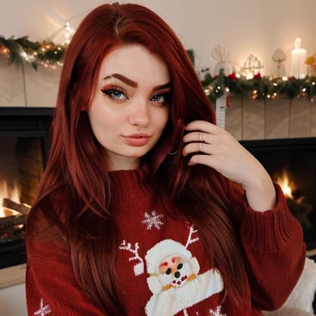 <lora:proxyfoxlol_sd15_512_128_64_v1:1>proxyfoxlol, 1girl red hair, wearing christmas sweater, christmas decoration in background, lit fireplace in background