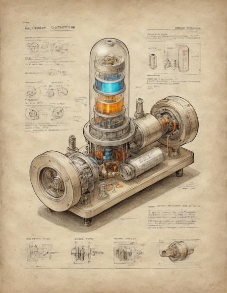 isometric diagram breakout views technical rendering of a hardbody flux capacitor glowing vacuum tubes and wires self-contained elegant technology exploded view and cutout details ink and color wash accents white chalk highlights on parchment