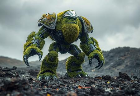 epic details full body This captivating image features a meticulously detailed, green and black Ironhammer the Giant standing on a Dormant Volcano surface, exuding curiosity with its slightly tilted head and alert, extended limbs. The Ironhammer the Giant , covered in moss and equipped with a high-tech visor, stands out against the Dormant Volcano backdrop, creating a harmonious contrast of nature and technology. The picture, devoid of text, highlights the stunning intricacies of the handcrafted detail, with its lifelike facial features, vibrant color palette, and sharp details. Rendered with exceptional quality, the image showcases vivid emotions, dynamic action, and a well-timed moment, adhering to principles of the Golden Ratio, and drawing the viewer into its captivating allure.