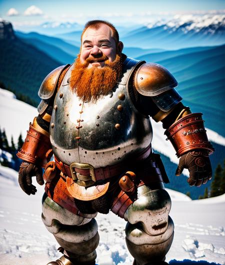 raw photo of happy  fat dwarf, armor , natred hair<lora:NatRed:1>, (natfrek skin ):0.2, (high detailed skin:1.2), realistic,  strong lighting, strong shadows, high quality,  mountains, snow,  leather belt