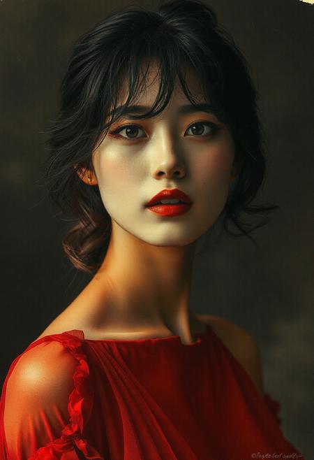 photorealistic ink poster, double exposure image, the first image is located at the top, it shows a portrait of a beautiful oriental woman in a short red dress, with disheveled hair, bare shoulders, slightly parted lips, detailed fabric, [masterpiece], [best quality], chiascuro,