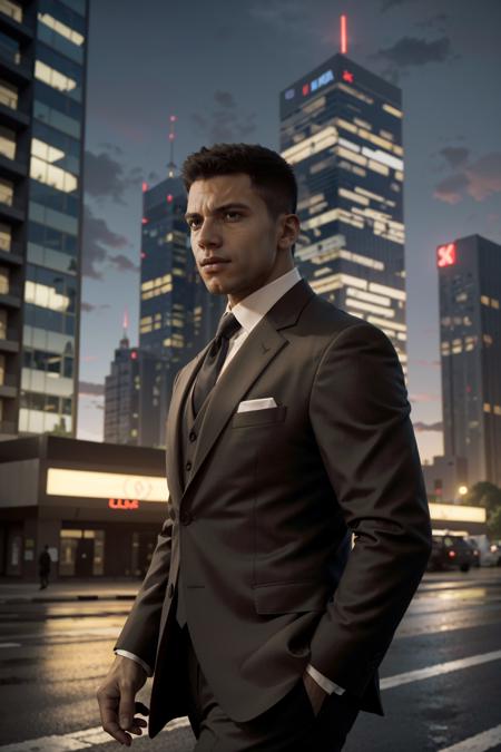 ((ultra detailed, masterpiece, best quality))
 <lora:MafiaLincoln:0.8>
MafiaLincoln, 1boy, solo, buzz cut, brown eyes, muscular, In a modern urban setting, tailored suit and tie, skyscrapers in the background, confidently walking with a cityscape behind