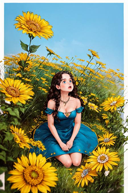 1girl, solo, long hair, open mouth, blue eyes, brown hair, dress, cleavage, bare shoulders, jewelry, medium breasts, sitting, flower, necklace, strapless, blue dress, border, own hands together, looking up, monster girl, white border, yellow flower, mermaid,
<lora:aeppol:1>