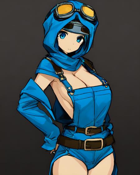 <lora:TakamuranStyle:0.8>
1girl, solo,blue overall, goggles on head, cleavage, belt