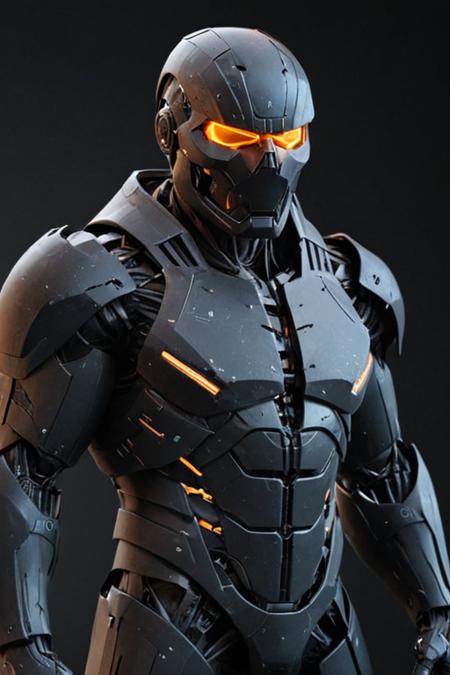 (large man:2) in matte black angular spacesuit, glow, exo-skeleton structure vitalybulgarov, angry eyes, (helmet inspired by human skull:.3), Enki Bilal, ex machina, a computer rendering, panfuturism, ripped muscles, faceted design, ((daniellepik)), ((lemanoosh)), product shot, sleek minimalist futuristic product design, <lora:Sleek_Product_Design:1>