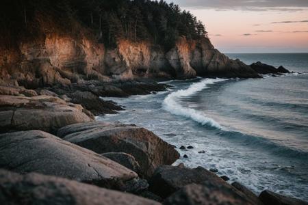 raw photo, a sunset landscape, oregon coast, granite beach, forested cliffs, cozy, photorealistic, high detailed texture, 8k uhd, dslr, soft lighting, high quality, film grain, Fujifilm XT3, Sony A7 IV, highly detailed photography, (muted colors, cinematic, dim colors, soothing tones:1.2), vibrant, insanely detailed, hyperdetailed, (dark shot:1.2), (vsco:0.3), (intricate details:0.9), (hdr, hyperdetailed:1.2) (highest coherency: 1.39) (highest quality: 1.39) (rule-of-thirds)