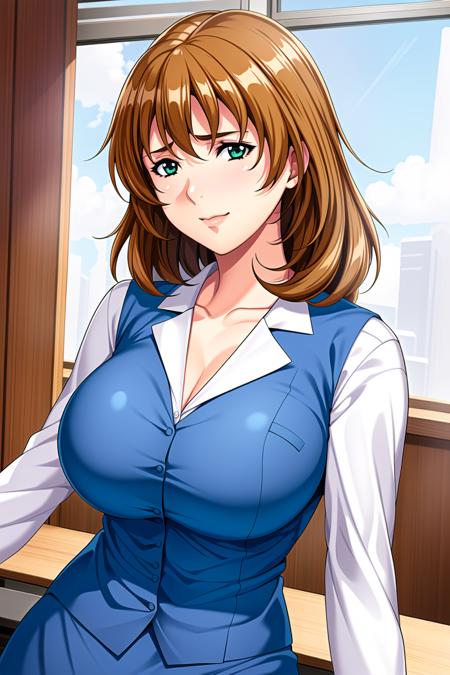 Simple White Background,
Business_suit,long sleeves, white shirt, blue vest,
<lora:Kimisaki_Hiromi_Kisaku-KK77-V2:0.7>,office lady, 
green eyes ,brown hair,Bangs,medium hair,
<lora:Oda_Non_Style-KK77-V2:0.3>,<lora:more_details:0.1>,
1 girl, 20yo,Young female,Beautiful Finger,Beautiful long legs,Beautiful body,Beautiful Nose,Beautiful character design, perfect eyes, perfect face,expressive eyes,perfect balance,
looking at viewer,(Focus on her face),closed mouth, (innocent_big_eyes:1.0),Light_Smile,
official art,extremely detailed CG unity 8k wallpaper, perfect lighting,Colorful, Bright_Front_face_Lighting,shiny skin,
(masterpiece:1.0),(best_quality:1.0), ultra high res,4K,ultra-detailed,
photography, 8K, HDR, highres, absurdres:1.2, Kodak portra 400, film grain, blurry background, bokeh:1.2, lens flare, (vibrant_color:1.2),professional photograph,
(Beautiful,large_Breasts:1.4), (beautiful_face:1.5),(narrow_waist),