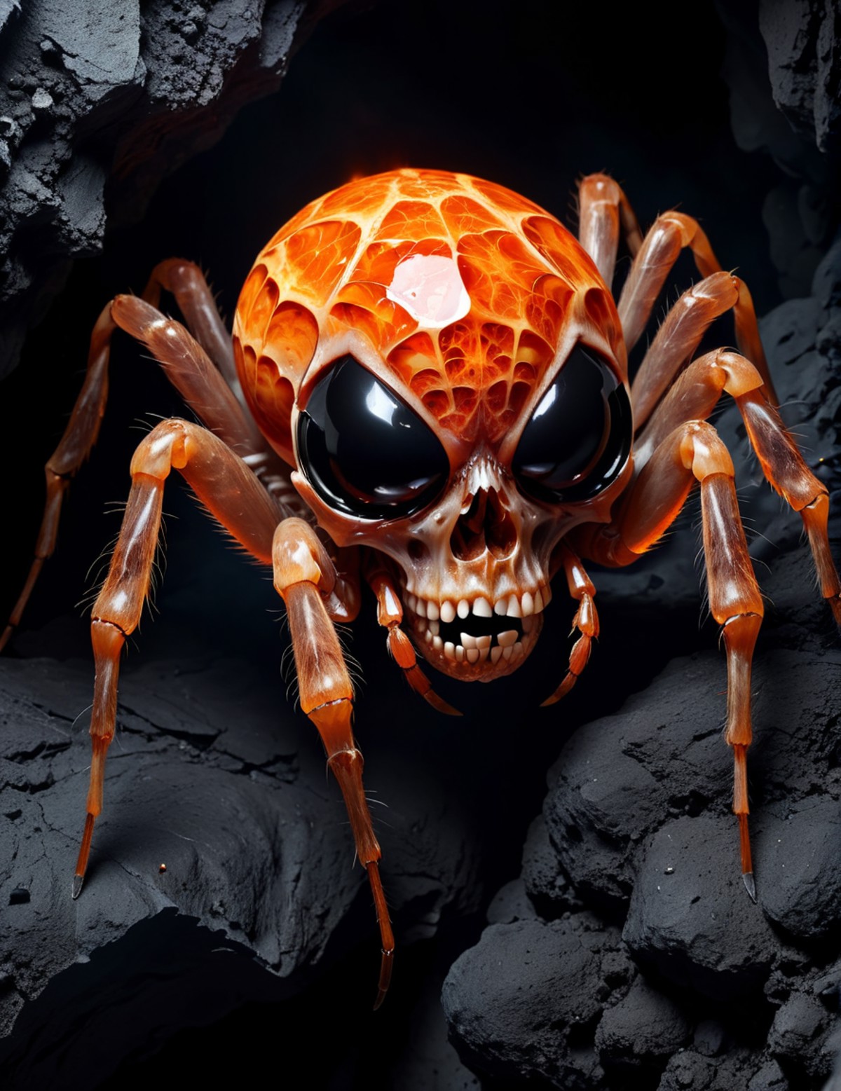 photo of a spider combined with a skull, close up, black dark cave with cooled magma