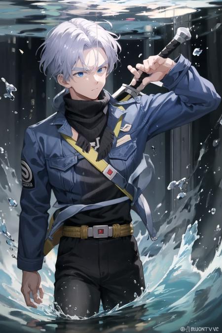 best quality, best quality, TrunksV4, solo, blue eyes, 1boy, jacket, weapon, male focus, sword, water, sheath, reflection,  <lora:TrunksV4-10:1>