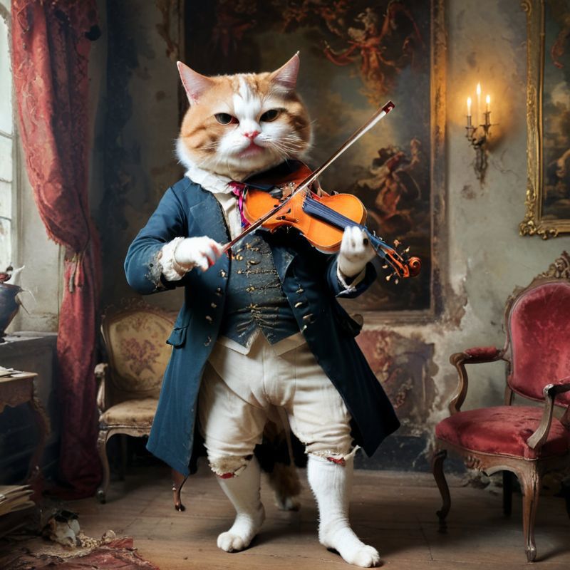 A cat dressed as a musician playing a violin in a room.