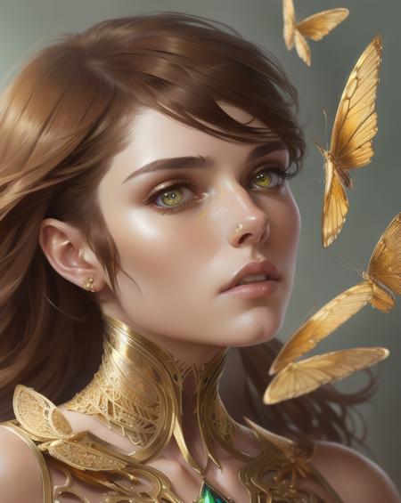 8k portrait of beautiful cyborg with brown hair, intricate, elegant, highly detailed, majestic, digital photography, art by artgerm and ruan jia and greg rutkowski surreal painting gold butterfly filigree, broken glass, (masterpiece, sidelighting, finely detailed beautiful eyes: 1.2)<lora:Hyperrealisticv5:1>