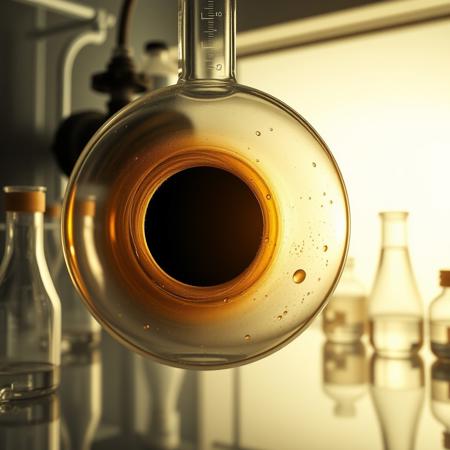 A more photorealistic black hole being studied in a laboratory, trapped in a glass tube, distorting reality