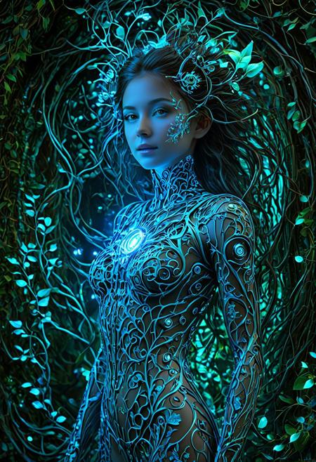 Hyperrealistic, cinematic high quality photo, photorealistic portrait, masterpiece, hybrid girl of floral and mechanical) elements, bioluminescent trees, glowing plants, lush foliage, intricate gears, surreal landscape, flowers intertwined with polished metal vines, High detail, 64k photography,close-up textures, Midjourney style