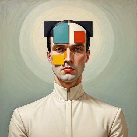 Cubist artwork <lora:FF-Style-Kazimir-Malevich.LoRA:1> in the style of kazimir malevich, kazimir malevich style, kazimir malevich art, kazimir malevich trend on behance 3 d art, stylized portrait formal pose, geometric 3d render, high quality artwork, dan mumford tom bagshaw, 2d illustration, by Adam Chmielowski, no eyes, 2016, art deco painting, pj crook, incredible digital art, kazimir malevich a painting of a man with a square in his head, stefan koidl, and yellow color scheme, 1956 . Geometric shapes, abstract, innovative, revolutionary