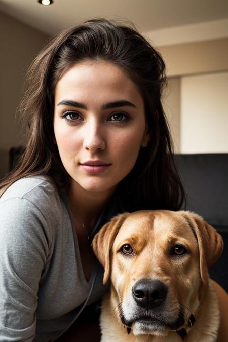 (realistic high resolution), (8K), (extremely detailed),  (best quality), (super detailed), (masterpiece)  (ultra-detailed), (hyperrealism:1.2), (photorealistic, hyperdetailed:1.2), insane details, a beautiful aesthetic girl with her Labrador , seductive look, cute face,