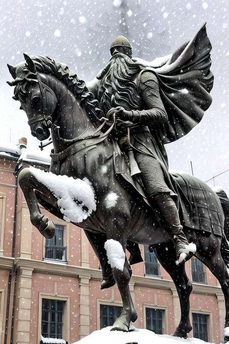 cid statue ,  sword in hand <lora:El cid:0.67>   four paws , snow in the  background ,horse in rampant motion , snowing hard