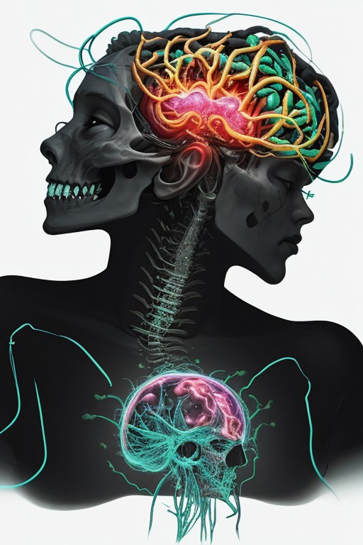 A man drowning inside his own mind. FRONT VIEW. Subliminal messaging, Horror, neon-colored brain scan aesthetic on white background. the figure of a skull is seen inside the brain scan. Psychedelic brain scan. Horror, Vibrant, glowing neural pathways Abstract, futuristic aesthetic. Style mimics bioluminescence art. Sharp contrast between vivid colors and deep black background. realistic rendering of brain lobe. Conveys sense of brain death, cognitive decline, and mental degradation. Sharp jagged teeth. Horror theme.