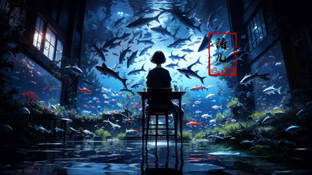 blue theme, fish, aquarium, chair, sitting, short hair, solo, border, 1girl, scenery, dark, from behind, black border, table, black hair, indoors, water
<lora:~Q?-mw^NuL Underwater world:0.8>