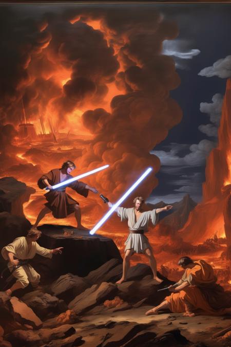 <lora:Nicolas Poussin Style:1>Nicolas Poussin Style - Anakin Skywalker fighting Obi-Wan Kenobi on Mustafar the volcano planet with lightsabers at night while the furnaces of industry blow up behind them, all in the painting style of Nicolas Poussin and French baroque