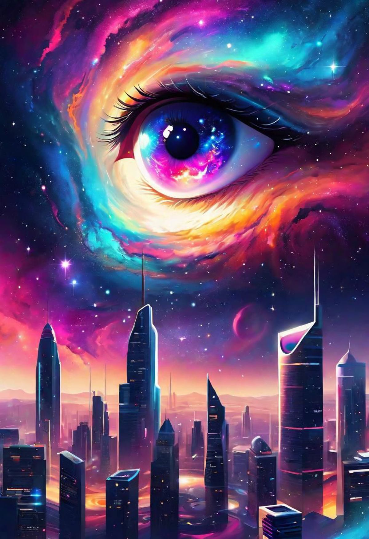 A colorful cityscape with a large eye in the center, surrounded by skyscrapers and a purple sky.