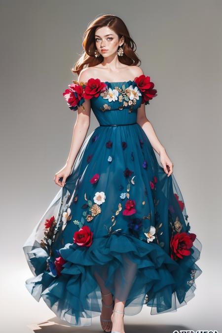 blu3fl0w3rdr3ss, bare shoulders,standing,full body,roses,flowers,blue dress,strapless dress,long dress <lora:blu3fl0w3rdr3ss:0.75>  <lora:detail_slider_v4:1> <lora:Fr3ckles:0.8> Fr3ckles,  ginger hair, long hair,  grey eyes, freckles, 1girl, <lora:age_slider_v20:1> large breasts,  <lora:weight_slider_v2:0.8>  white background,