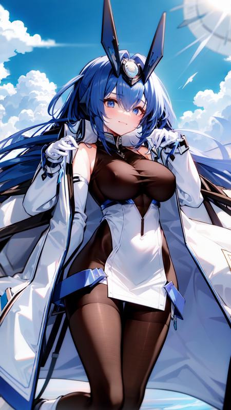 1girl, breasts, long hair, solo, gloves, very long hair, bodystocking, upper body, white gloves, blue hair, coat, headgear, dress, coat on shoulders, pantyhose, high heels, white dress, bangs, standing, blue eyes, smile, white coat, elbow gloves, covered navel, open coat, hair between eyes,<lora:NewJerseyVRerun:0.8>, ussnewjersey, blue sky, sky background, clouds, water,