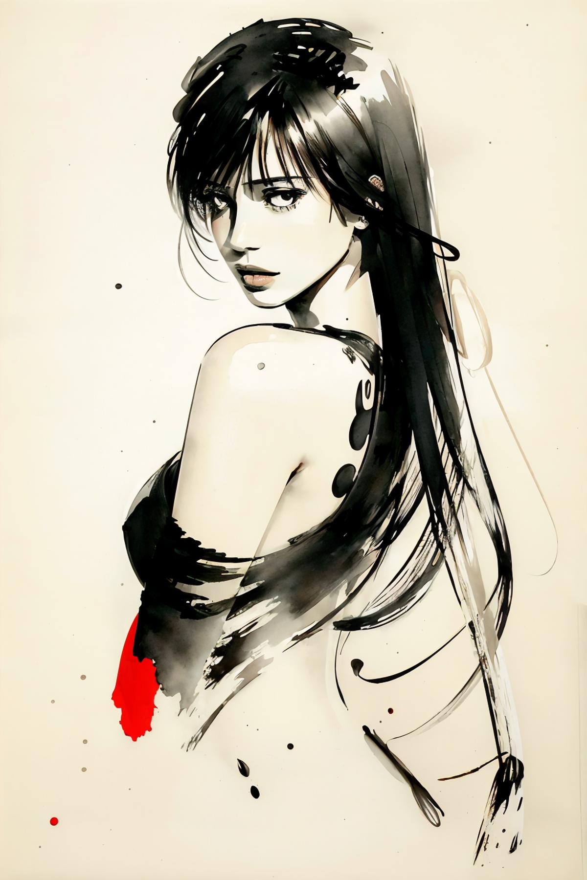 Artistic Drawing of a Woman with Black Hair and Red Shirt.