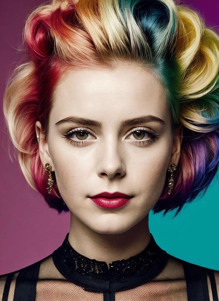 portrait of sks woman by Flora Borsi, style by Flora Borsi, bold, bright colours, rainbow Mohawk haircut, ((Flora Borsi)), <lora:lora_kiernan_v1_from_v1_160:1>